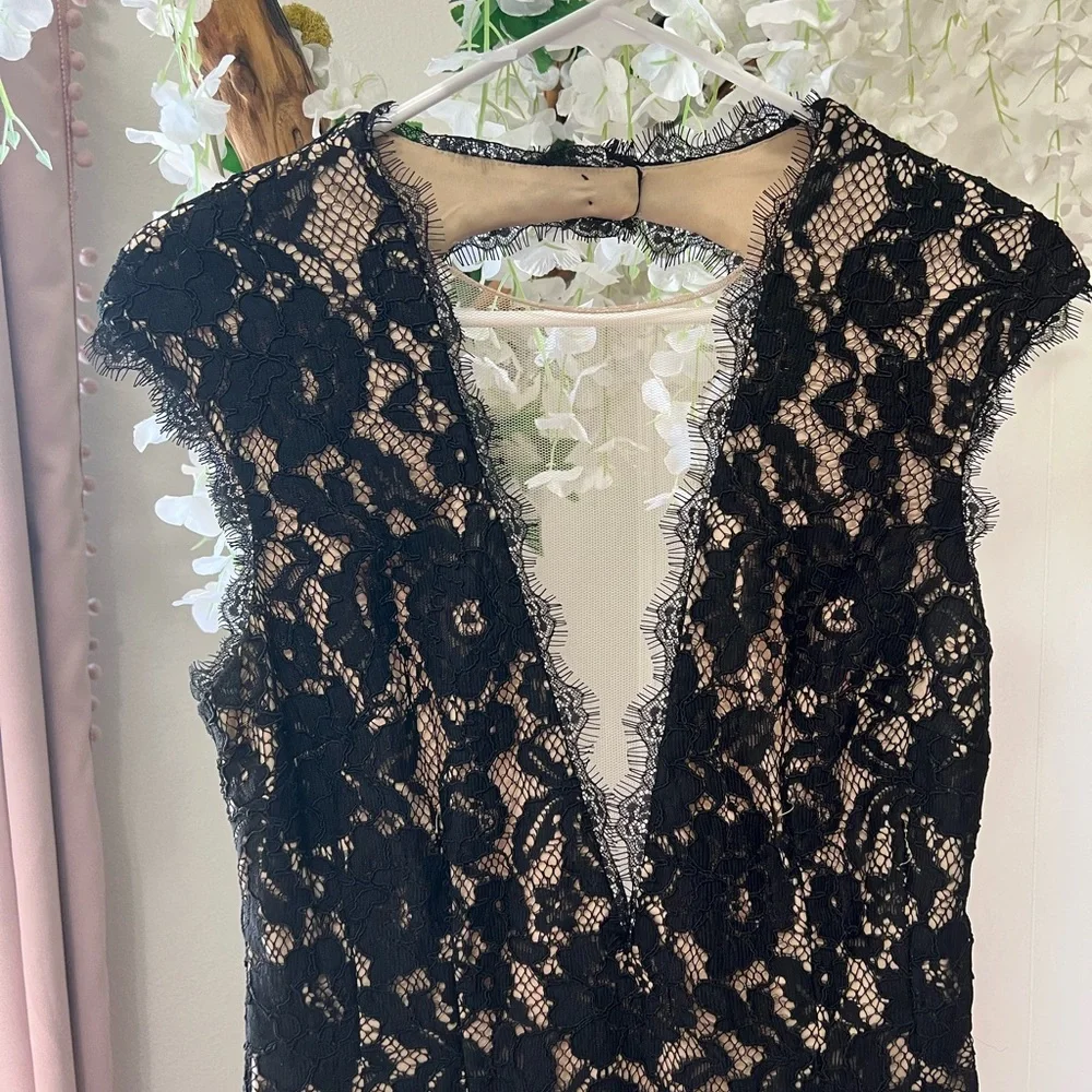 Aidan by Aidan Mattox Cap Sleeve Lace Cocktail Dress with Feather Trim in Black - Picture 10 of 15